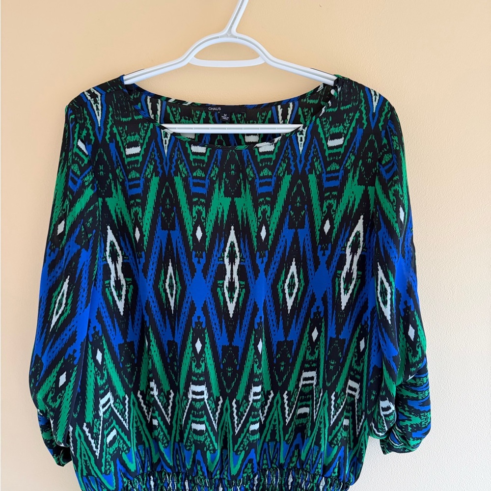 Chaus Blue and Green Geometric Patterned Blouse